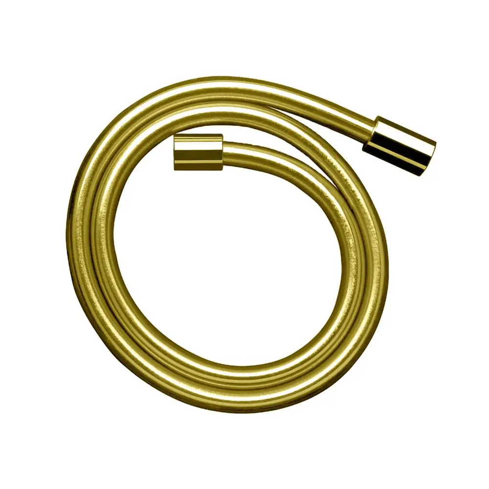 Brauseschlauch in polierter Goldoptik, flexibel und schlank, mit zylindrischen Muttern. Design von AXOR, geeignet für moderne Badezimmergestaltung.